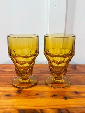 Anchor Hocking Georgian Amber Glass Goblets Thumbprint Whitehall Footed Set of 2